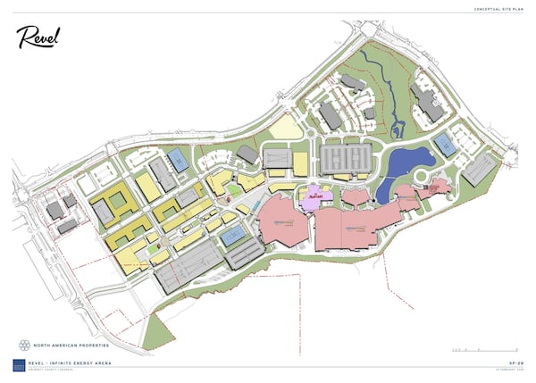 During a Tuesday morning breakfast with Partnership Gwinnett, North American Properties revealed a new rendering, site plan and details regarding its Revel project on the Infinite Energy Center campus.