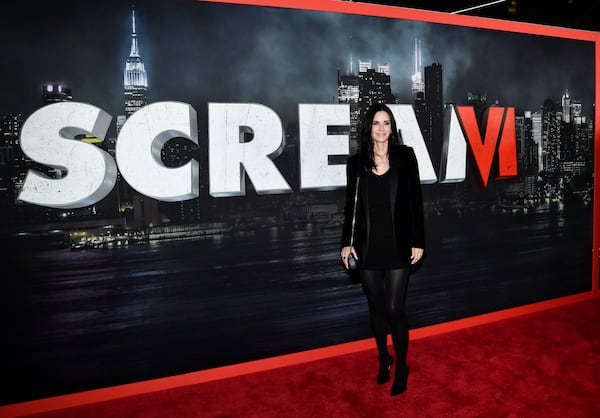 Courteney Cox, attending the 2023 world premiere of "Scream VI" in New York, is part of the "Scream VII" production filming in metro Atlanta. (Photo by Evan Agostini/Invision/AP)