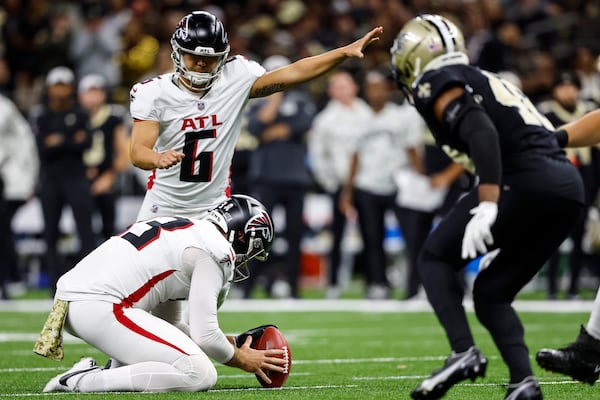 Atlanta Falcons place kicker Younghoe Koo (6) of South Korea misses his seconf field goal attempt against the New Orleans Saints during the first half of an NFL football game, Sunday, Nov. 10, 2024, in New Orleans. (AP Photo/Butch Dill)