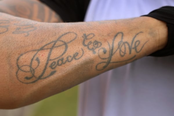 Atlanta Falcons cornerback Teez Tabor uses his tattoos to illustrate who he is. “It’s just a reminder for what I stand for."  (Jason Getz / Jason.Getz@ajc.com)