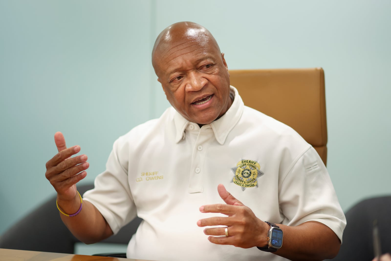 Cobb County Sheriff Craig Owens speaks to an AJC reporter at the Cobb County Sheriff's Office Adult Detention Center, Thursday, July 11, 2024, in Marietta, Ga. (Jason Getz / AJC)
