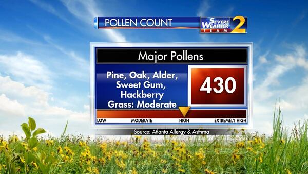 Atlanta’s pollen count dropped from 794 particles per cubic meter of air Thursday to 430 Friday. (Credit: Channel 2 Action News)