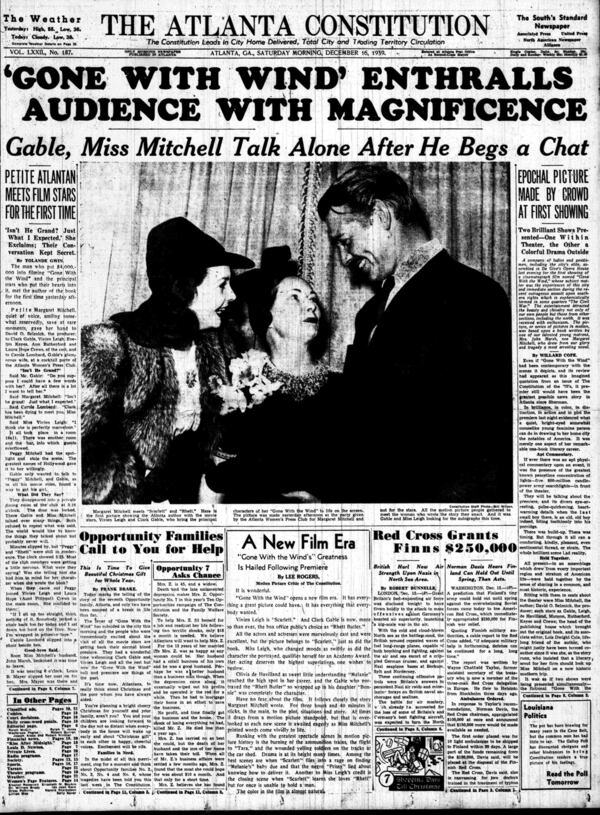 The Saturday, Dec. 16, 1939 edition of The Atlanta Constitution captures the excitement of the premiere of "Gone With the Wind." (AJC Archive)