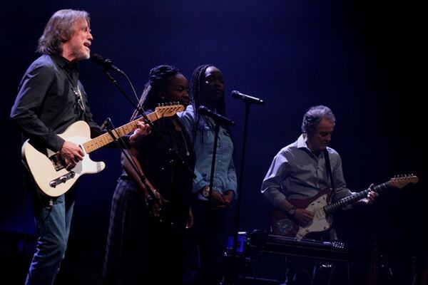 Jackson Browne with - from left - vocalists Alethea Mills and Chavonne Stewart and acclaimed guitarist Greg Leisz - dug deep into his catalog at Cobb Energy PAC on April 1, 2019.