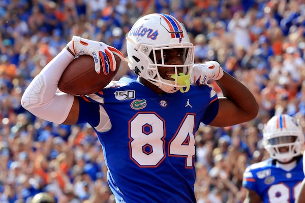 Kyle Pitts (84) of the Florida Gators celebrates a touchdown against the Vanderbilt Commodores at Ben Hill Griffin Stadium on November 9, 2019 in Gainesville, Florida. (Sam Greenwood/Getty Images/TNS)