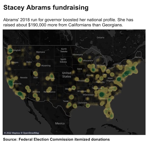 Abrams' 2018 run for governor boosted her national profile. She has raised about $190,000 more from Californians than Georgians.