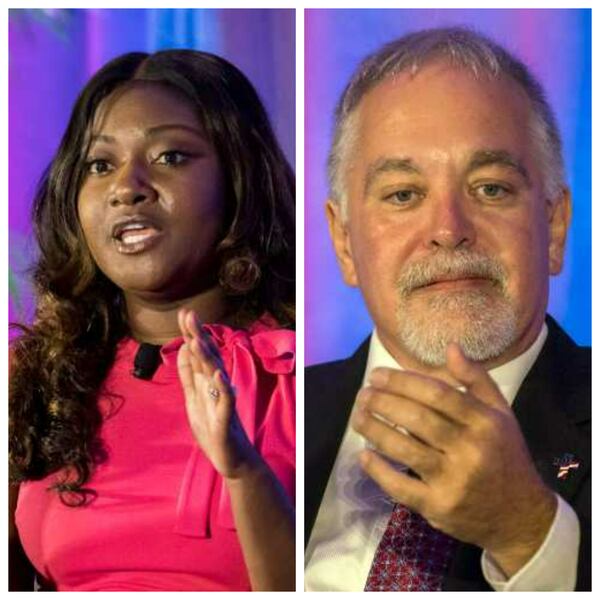 Democrat Alisha Thomas Searcy (left) is running against Republican incumbent Richard Woods (right) for Georgia school superintendent. (Stephen B. Morton for The Atlanta Journal-Constitution)