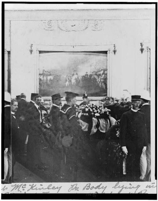 President William McKinley's body lies in the State Rotunda of the U.S. Capitol in Washington, D.C., 1901. McKinley was the third American president assassinated after Abraham Lincoln in 1865 and James Garfield in 1881.