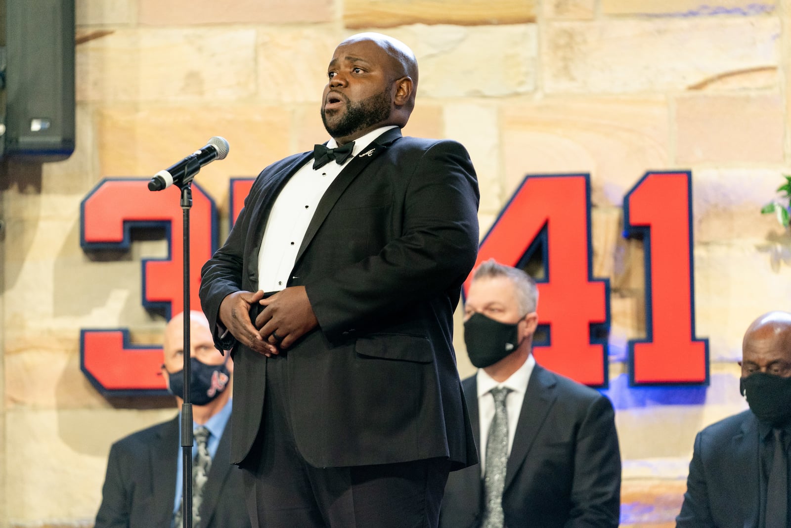 Timothy Miller, an operatic tenor, performs the song "Amazing Grace" during "A Celebration of Henry Louis Aaron," a memorial service celebrating the life and enduring legacy of the late Hall of Famer and American icon, on Tuesday, Jan. 26, 2021 at Truist Park in Atlanta. Photo by Kevin D. Liles/Atlanta Braves