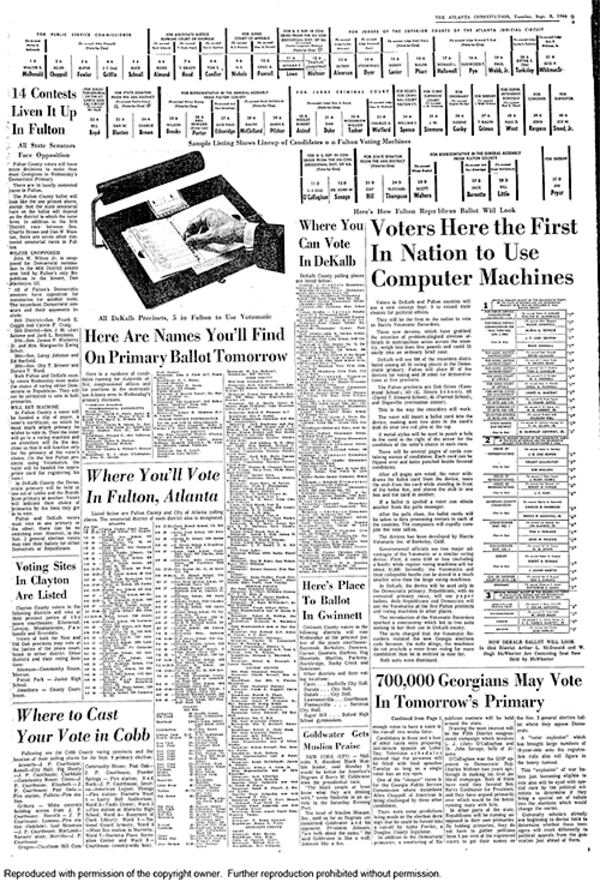 Sept. 8, 1964 -- The Constitution noted that Fulton and DeKalb voters would be the nation's first to have computers tally their ballots. AJC PRINT ARCHIVES