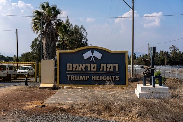 The entrance to the tiny settlement of "Trump Heights" in the Israeli-controlled Golan Heights, where the Israeli residents are welcoming the election of their namesake. They hope Donald Trump's return to the U.S. presidency will breathe new life into the community. Thursday, Nov. 7, 2024. (AP Photo/Ariel Schalit)