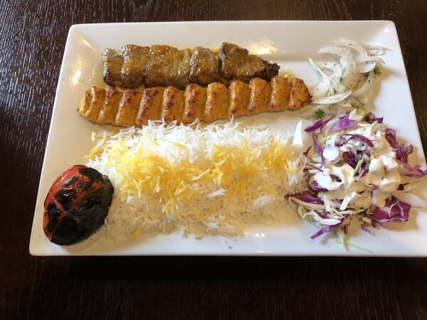 The kebab platter with lamb chunks and chicken koobideh at Taaj Kabob & Grill. CONTRIBUTED BY WENDELL BROCK