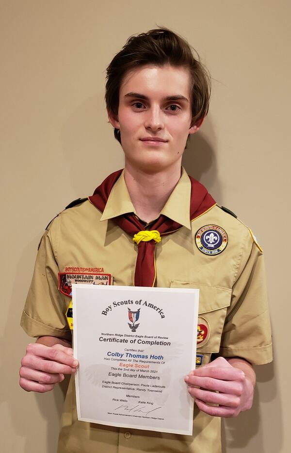 Colby Hoth from Troop 356 at Fellowship Christian School in Roswell. earned his Eagle Scout award on March 2.