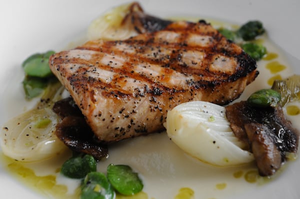 Bay of Fundy Salmon with spring onion, fava beans, shiitakes, charred green and garlic vinaigrette. (BECKY STEIN PHOTOGRAPHY)