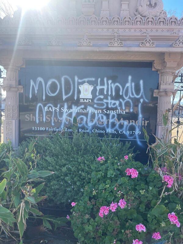 A sign displayed at the BAPS Shri Swaminarayan Mandir, a Hindu temple, is defaced with anti-India and anti-Hindu graffiti in Chino Hills, Calif., on March 7, 2025. (BAPS Swaminarayan Sanstha via AP)