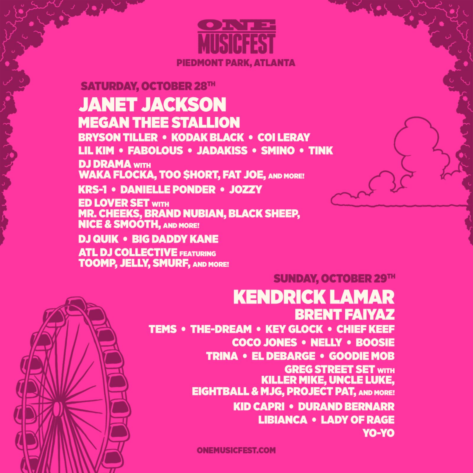 One Musicfest will be held at Piedmont Park on Oct. 28 and 29, 2023. The two-day festival is Atlanta's premier destination for Black music and culture. Headliners include Kendrick Lamar, Janet Jackson, Megan Thee Stallion and Brent Faiyaz.