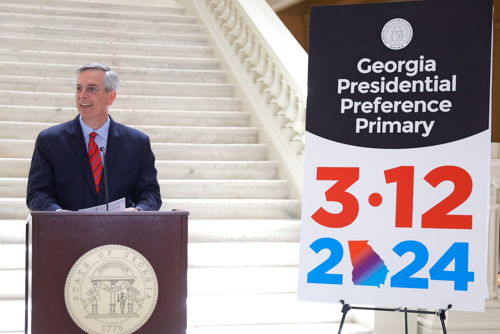 Secretary of State Brad Raffensperger announces the date of Georgia’s presidential primary as March 12, 2024 at the Georgia State Capitol on Thursday, May 4, 2023. (Natrice Miller/The Atlanta Journal-Constitution)