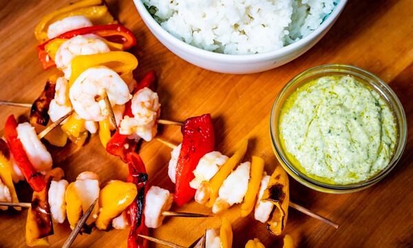 Shrimp and Pepper Skewers with Creamy Pesto Dipping Sauce. Henri Hollis for The Atlanta Journal-Constitution.