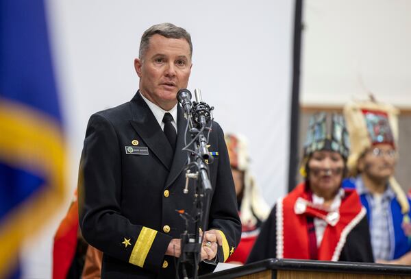 U.S. Navy Rear Admiral Mark B. Sucato speaks during a Navy ceremony Saturday, Oct. 26, 2024, in Angoon, Alaska, to apologize for the 1882 military bombing on a Tlingit village in Angoon. (Nobu Koch/Sealaska Heritage Institute via AP)