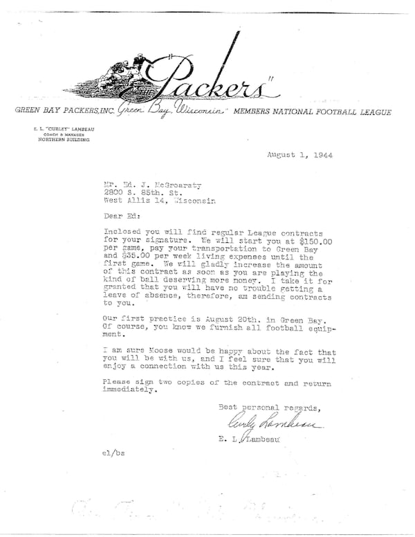 Letter from Packers coach Curley Lambeau to Ed "Moose" McGroraty to play for the 1944 Packers.