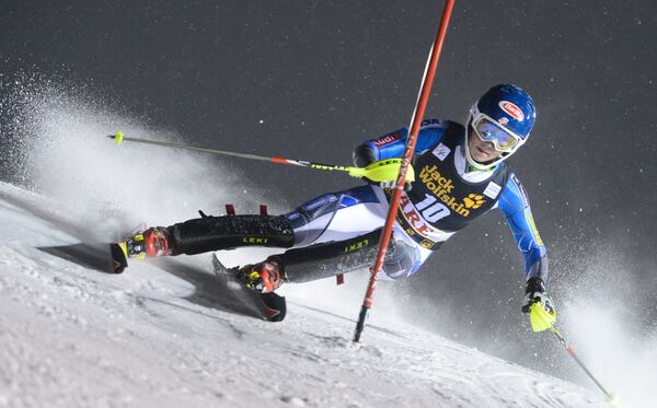 FILE - Mikaela Shiffrin, of the United States, skis on her way to win an alpine ski, women's World Cup slalom, in Are, Sweden, Thursday, Dec. 20, 2012. (AP Photo/Giovanni Auletta, File)