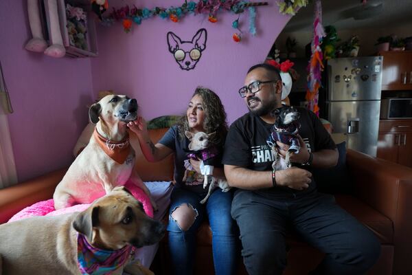 Meztli Lizaola and Víctor Sorchaga pose for a photo with their pets during an interview in their home in Mexico City, Wednesday, Oct. 30, 2024. (AP Photo/Fernando Llano)