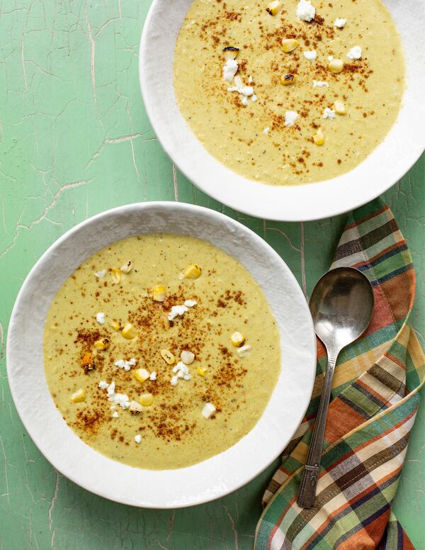 Vishwesh Bhatt utilizes the whole corn cobs to make the deep-flavored broth for Corn and Roasted Poblano Soup. Photo reprinted from "I Am From Here: Stories and Recipes From a Southern Chef" by Vishwesh Bhatt (Norton, $37.50). (Courtesy of Angie Mosier)