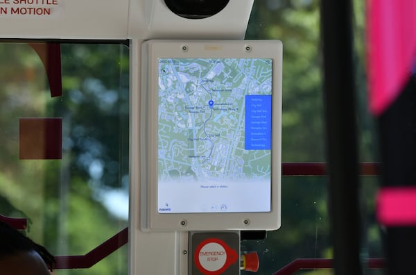 May 12, 2022 Peachtree Corners - Interior of an autonomous shuttle at Curiosity Lab shuttle stop in Peachtree Corners on Thursday, May 12, 2022. On Thursday May 12, top automakers, technology companies and carriers are coming together at the Curiosity Lab in Peachtree Corners and Applied Information in Alpharetta for live demos as part of the 5G Automotive Association (5GAA) conference. (Hyosub Shin / Hyosub.Shin@ajc.com)