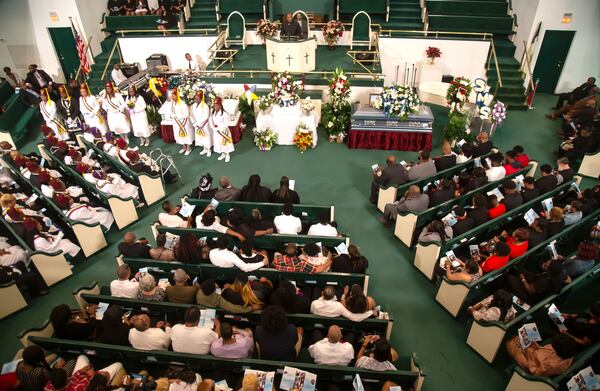 Reverend David B. Bowie delivers the Eulogy for Sandra White and her son Arkeyvion White at the Mount Carmel Baptist Church Saturday, April 13, 2019, in Atlanta. Sandra  Arkeyvion White where killed during a 16-hour standoff April 4.  STEVE SCHAEFER / SPECIAL TO THE AJC