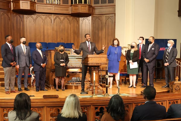 Atlanta Mayor Andre Dickens addressed plans to build 1,000 affordable housing units over the next five years in partnership with Wells Fargo and several faith-based organizations. Wednesday, February 23, 2022. Miguel Martinez for The Atlanta Journal-Constitution 