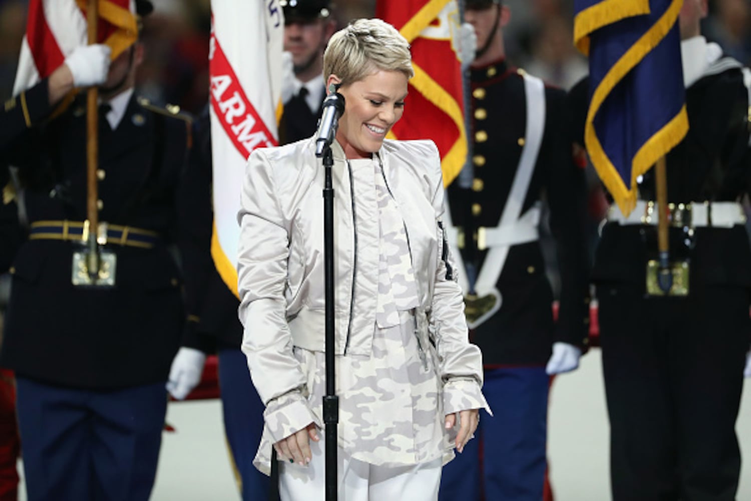 Photos: Pink performs the national anthem at Super Bowl LII