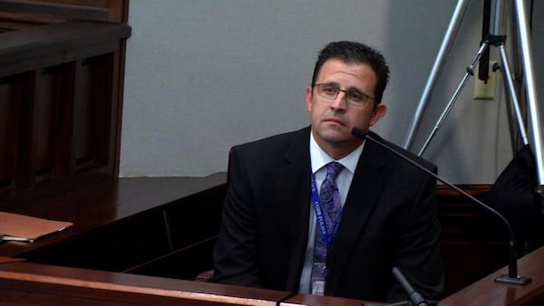 Cobb County police detective Ed Stockinger testifies as a rebuttal witness in the murder trial of Justin Ross Harris at the Glynn County Courthouse in Brunswick, Ga., on Friday, Nov. 4, 2016. Stockinger said that in his experience, Leanna Taylor seemed unemotional when he interviewed her on the day of Cooper's death.  (screen capture via WSB-TV)