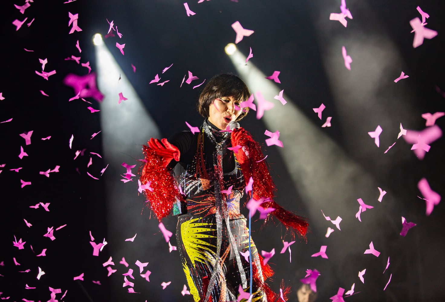 The Yeah Yeah Yeahs play the Piedmont stage on the first day of the Shaky Knees Music Festival at Atlanta's Central Park on Friday, May 5, 2023. (RYAN FLEISHER FOR THE ATLANTA JOURNAL-CONSTITUTION)