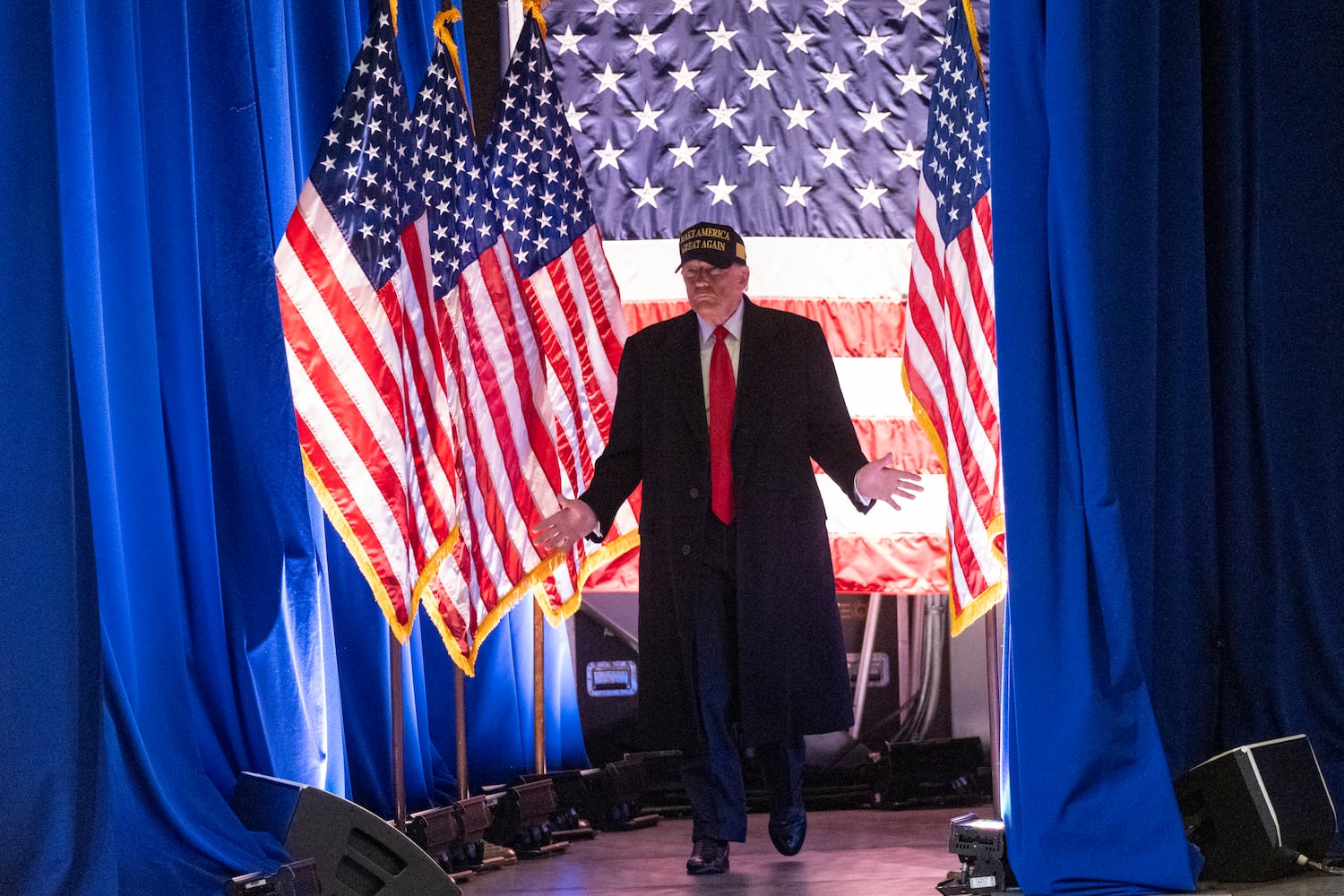 Former President Donald Trump gives remarks during a rally in Macon on Sunday, Nov. 3, 2024.   Ben Gray for the Atlanta Journal-Constitution