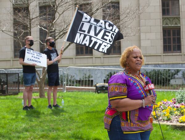 Fulton County Commissioner District 6 Khadijah Abdur-Rahman talked to the media before a rally at Atlanta City Hall on Saturday, March 27, 2021. (Photo: Steve Schaefer for The Atlanta Journal-Constitution)