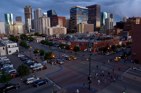 DENVER, CO - JUNE 13:  A view of the intersection of 20th Street and Blake Street with the Denver skyline in the background from the Coors Field as the Oakland Athletics defeated the Colorado Rockies 10-8 during Interleague Play at Coors Field on June 13, 2012 in Denver, Colorado.  (Photo by Doug Pensinger/Getty Images)