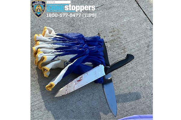 This image released by the New York City Police Department shows a knife that was recovered at a stabbing in New York, Monday Nov. 18, 2024. (New York City Police Department via AP)