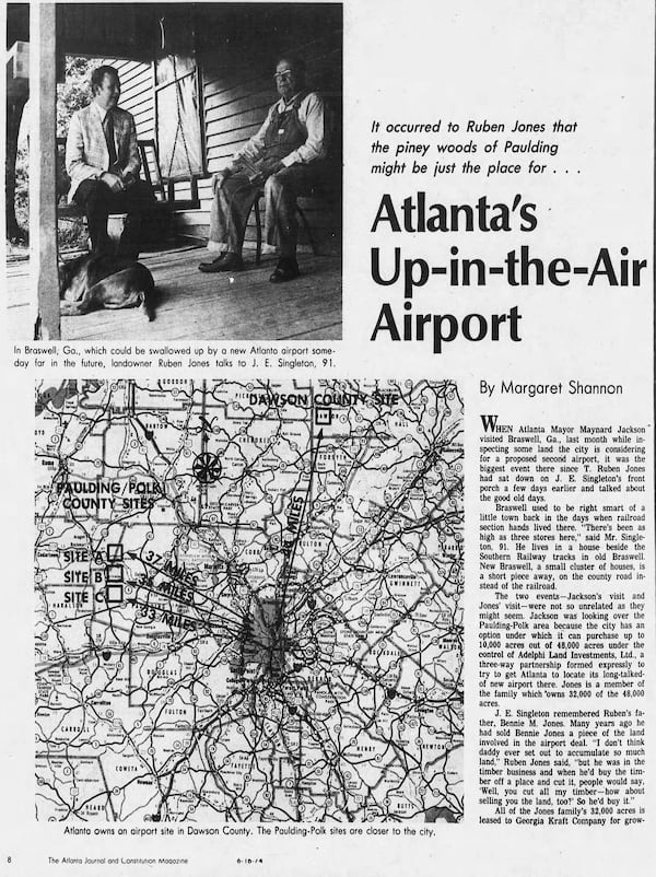 An Atlanta Journal and Constitution Magazine article in 1974 told story of the city's second airport sites. Talk of the need for a second airport began in the 1960s, Margaret Shannon reported. 