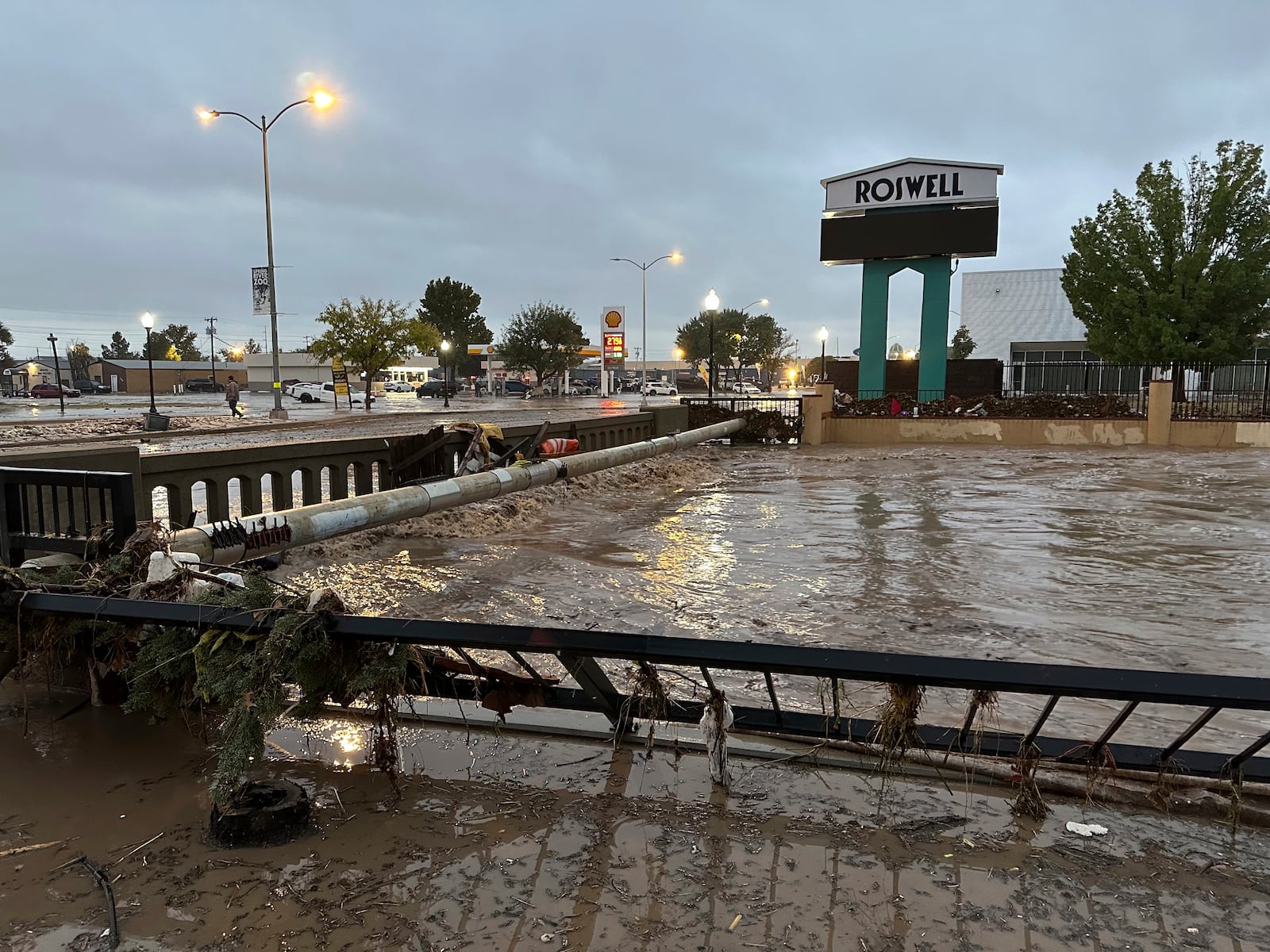 This image provided by Tom Hudgens shows flooding in Roswell, N.M., Monday, Oct. 21, 2024. (Tom Hudgens via AP)