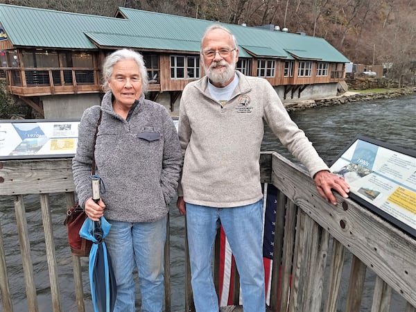 Cathy Kennedy and her father Payson Kennedy pose on the Founder's Bridge at the Nantahala Outdoor Center in February 2022.
Courtesy of Blake Guthrie