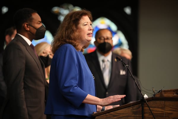 Eileen Fitzgerald, head of Housing Affordability Philanthropy with Wells Fargo speaks at a press conference about the partnership with the city of Atlanta and Enterprise Community Partners about building 1,000 affordable housing units over the next five years.