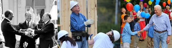 At left, President Jimmy Carter clasps hands with Egyptian President Anwar Sadat and Israeli Prime Minister Menachem Begin on the north lawn of the White House after signing the peace treaty in 1979. In center, Carter works on the exterior wall of a Habitat for Humanity home in Memphis in 2015. At right, Carter greets well-wishers during his surprise 90th birthday party in Plains in 2014. (Bob Daugherty/AP file; Ben Gray/AJC file; Curtis Compton/AJC file)