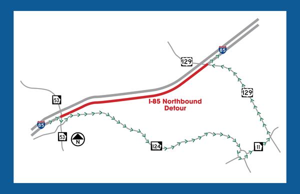 The Georgia Department of Transportation has shut down northbound lanes of I-85 at Exit 129 for emergency bridge repairs.