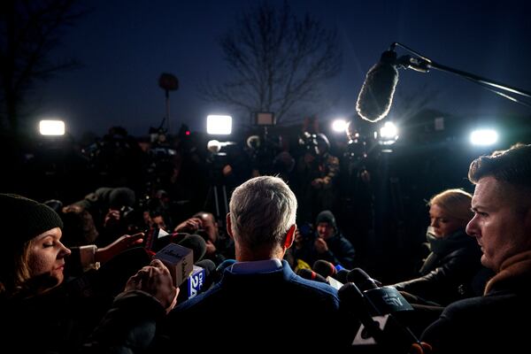 Calin Georgescu independent candidate in the presidential elections speaks to media, in Izvorani, Romania, Tuesday, Nov. 26, 2024, after making it into the December 8 election runoff. (AP Photo/Andreea Alexandru)