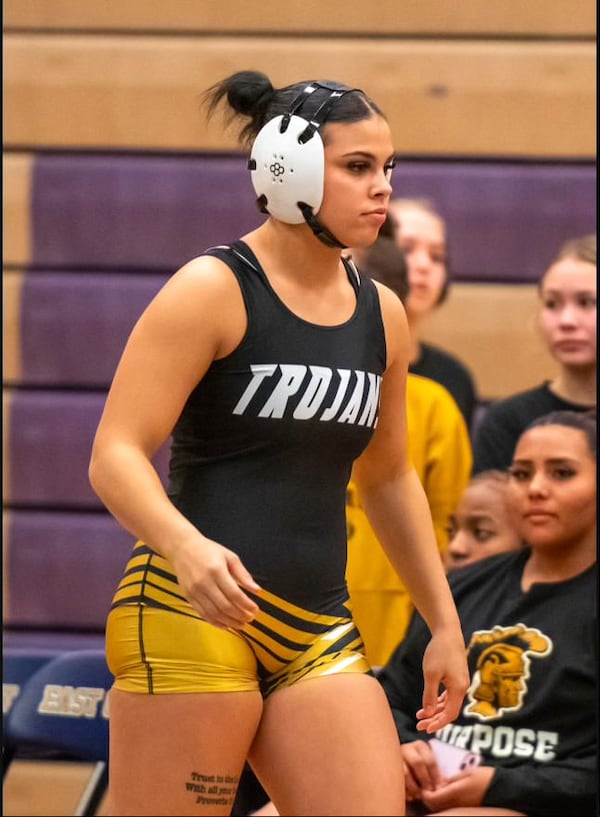 Madison Cooley wrestles in the 155-pound division on the Carrollton girls wrestling team. (Photo by Brian Carmicheal)