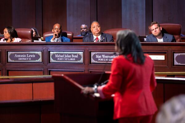 LaChandra Burks, interim COO of Atlanta’s Department of Watershed Management, updates the city council about the city’s water failure during a council meeting at City Hall in Atlanta on Monday, June 3, 2024. The water crisis has reached its fourth day following the breakage of several pipes. (Arvin Temkar / AJC)