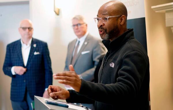 Garrett Townsend, director of public affairs for AAA, The Auto Club Group, speaks during a morning press conference in Columbus, Georgia about a new, free EV road trip guide that educate drivers about electric vehicle ownership while exploring historic civil rights sites in Georgia and South Carolina. 02/07/2024 (Photo Courtesy of Mike Haskey)