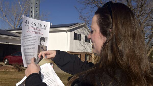 A Greeley, Colo., victim’s advocate posts a missing persons flier for Jonelle Matthews in December 2018, 34 years after the 12-year-old’s disappearance. The girl’s remains were discovered Tuesday, July 23, 2019, in rural Weld County. Joe Moylan/The Greeley Tribune via AP