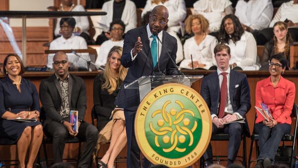 The Rev. Raphael G. Warnock speaks during the Martin Luther King, Jr. annual commemorative service at Ebenezer Baptist Church in Atlanta on Monday, Jan. 20, 2020. BRANDEN CAMP/SPECIAL