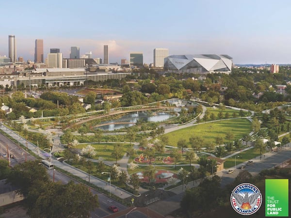 A rendering of the future Rodney Cook Sr. Park near Mercedes-Benz Stadium in Vine City. Conceptual rendering by HDR, Inc.